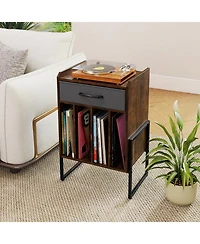 Sugift Record Player Stand with Drawer and Record Holder-Rustic