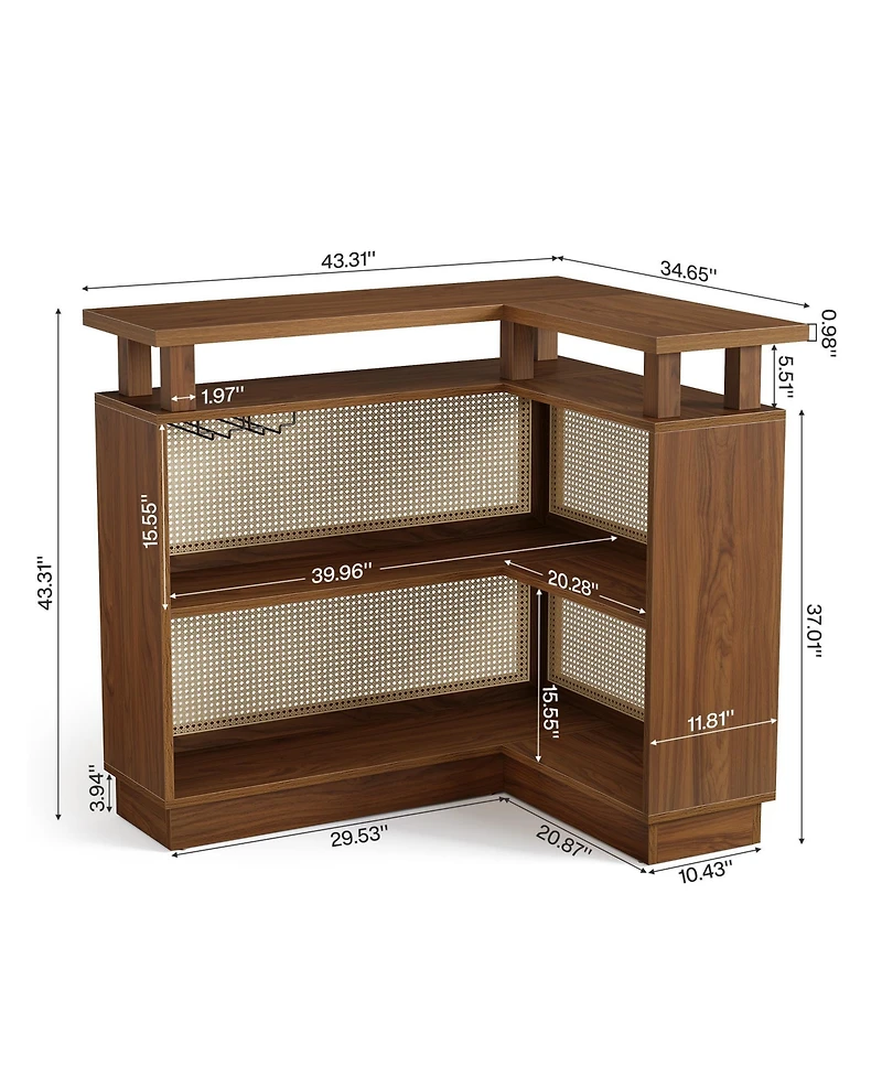 Tribesigns L Shaped Bar Table with 4-Tier Storage Shelf, Rattan Home Bar Unit with 2 Stemware Racks, Corner Mini Coffee Liquor Cabinet