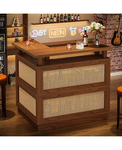Tribesigns L Shaped Bar Table with 4-Tier Storage Shelf, Rattan Home Bar Unit with 2 Stemware Racks, Corner Mini Coffee Liquor Cabinet