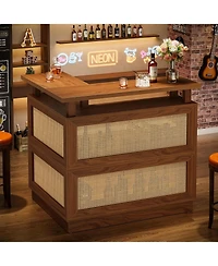 Tribesigns L Shaped Bar Table with 4-Tier Storage Shelf, Rattan Home Bar Unit with 2 Stemware Racks, Corner Mini Coffee Liquor Cabinet
