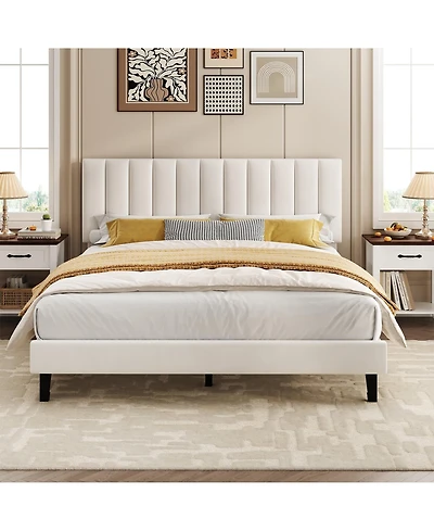 Homfan Platform Bed Frame and Velvet Upholstered Headboard with Adjustable Vertical Channel Tufted Headboard, No Box Spring Needed