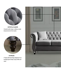 Maison Boucle 80" Velvet Sofa 3-Seater Tufted Chesterfield Couch Rolled Arm Nailhead