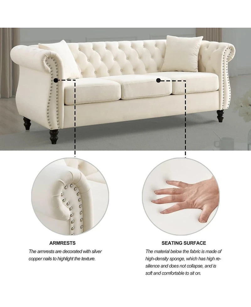 Maison Boucle 80" Velvet Sofa 3-Seater Tufted Chesterfield Couch Rolled Arm Nailhead