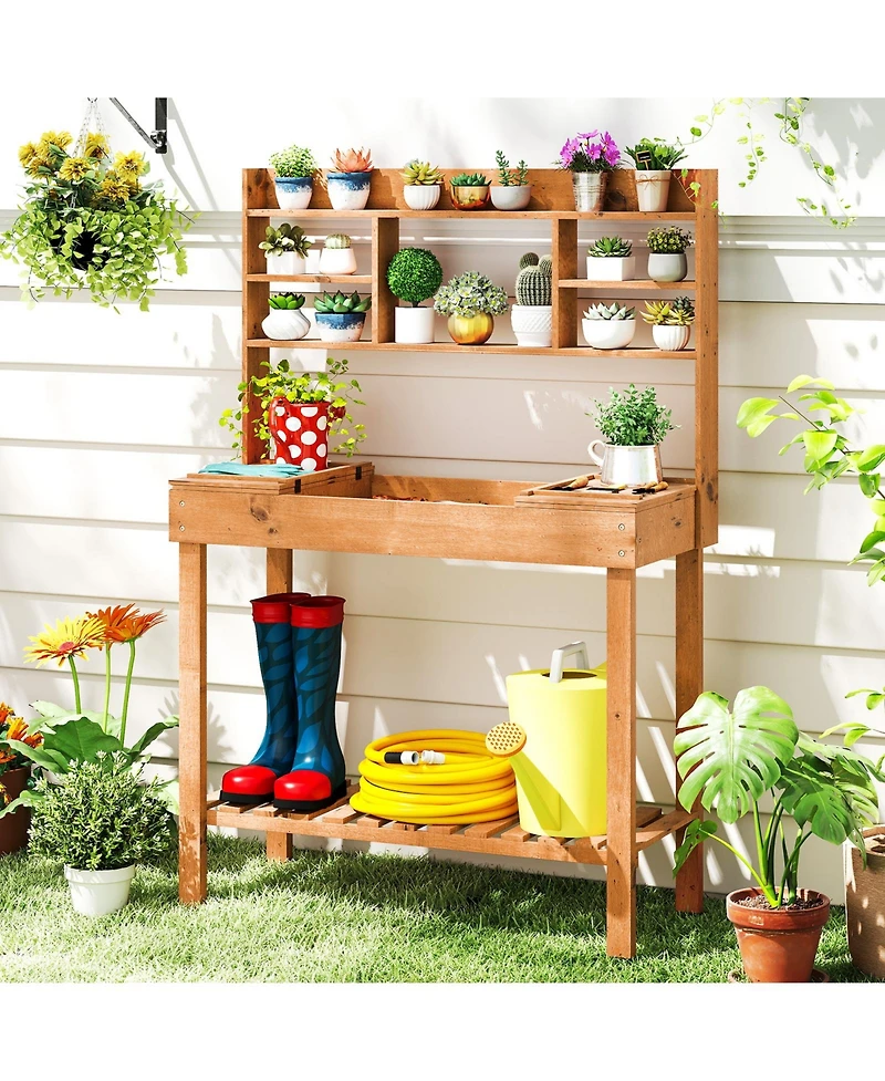 Sugift Wooden Potting Bench Garden Workstation with Open Shelves
