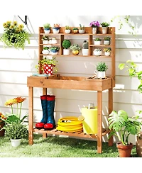 Sugift Wooden Potting Bench Garden Workstation with Open Shelves