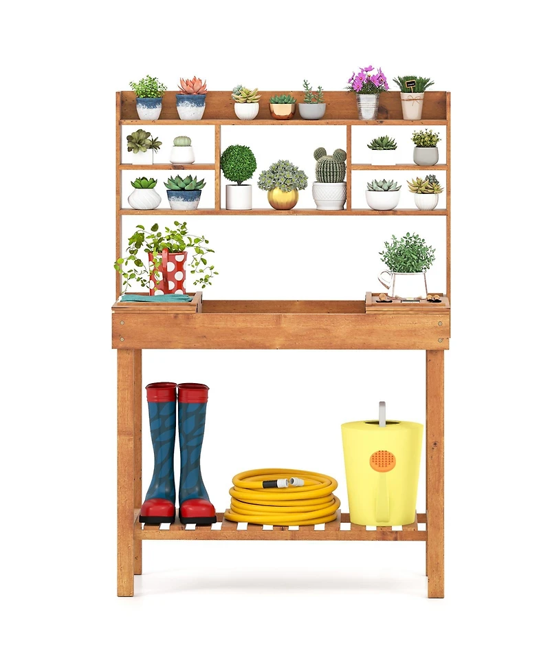 Sugift Wooden Potting Bench Garden Workstation with Open Shelves