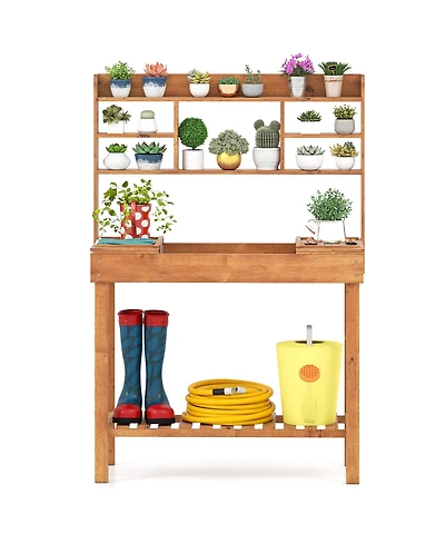 Sugift Wooden Potting Bench Garden Workstation with Open Shelves