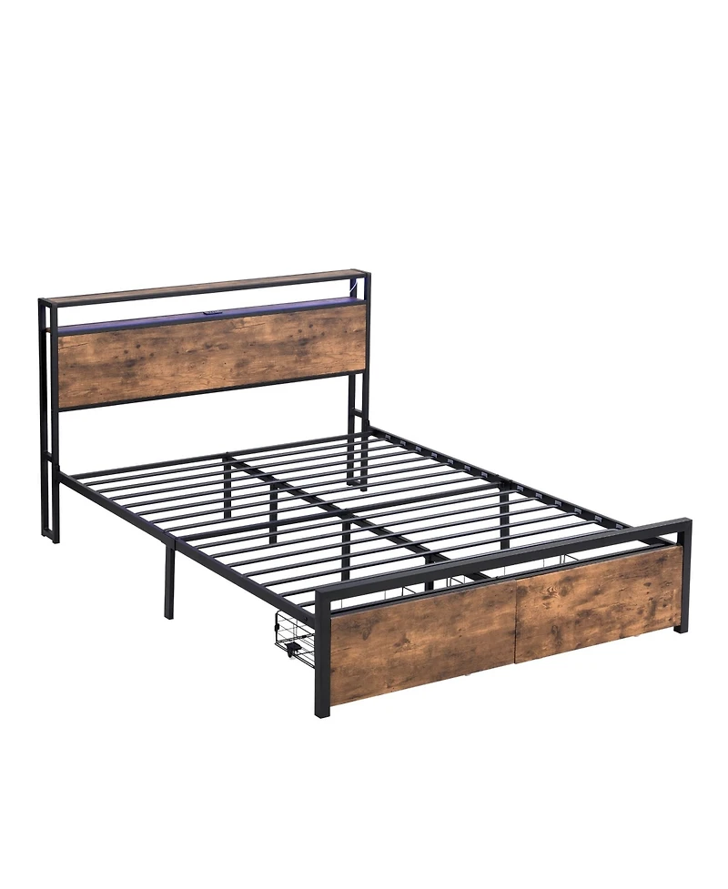 sumyeg Queen Size Bed Frame with Storage Headboard, Led Lights and Charging Station, Platform Bed with 2 Drawers
