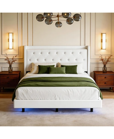 Homfan Bed Frame with Led Lights, Upholstered Headboard, Storage Shelves