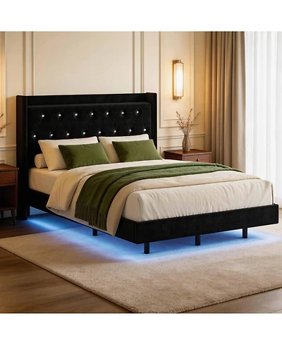 Homfan Bed Frame with Led Lights, Upholstered Headboard, Storage Shelves
