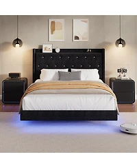 Homfan Bed Frame with Led Lights, Upholstered Headboard, Storage Shelves