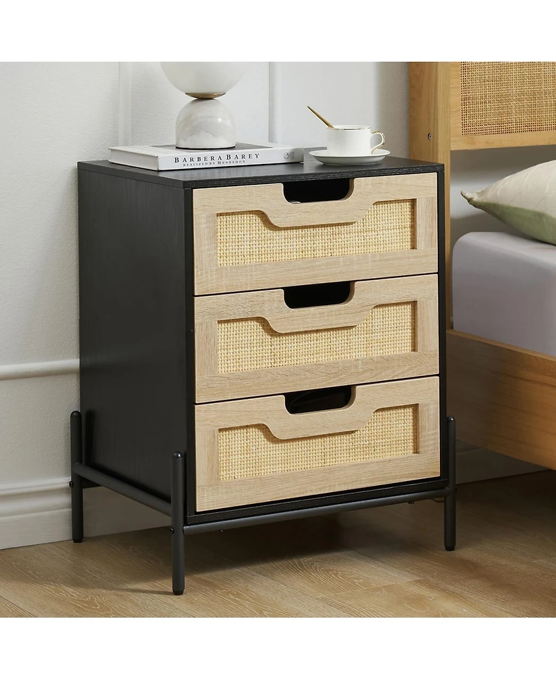gaomon Rattan Night Stand Farmhouse Nightstand Bedside Table with 3 Drawers Farmhouse Nightstand Bedside Table with Metal Legs Sturdy and Durable Boho