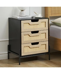 gaomon Rattan Night Stand Farmhouse Nightstand Bedside Table with 3 Drawers Farmhouse Nightstand Bedside Table with Metal Legs Sturdy and Durable Boho