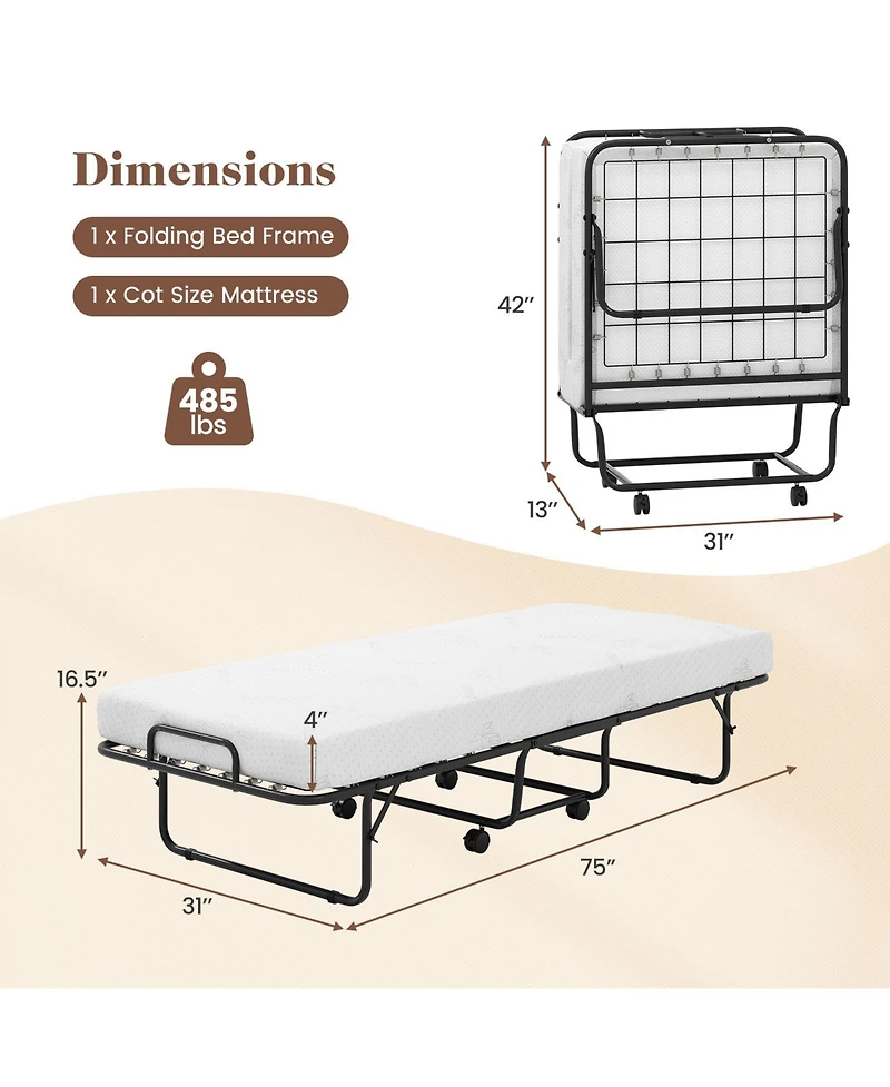 Gouun Cot Size Folding Bed Frame with Memory Foam Mattress and Metal Frame