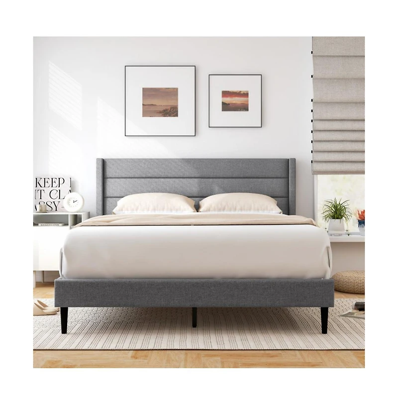 Gouun Linen Upholstered Platform Queen Bed Frame with Wingback Headboard