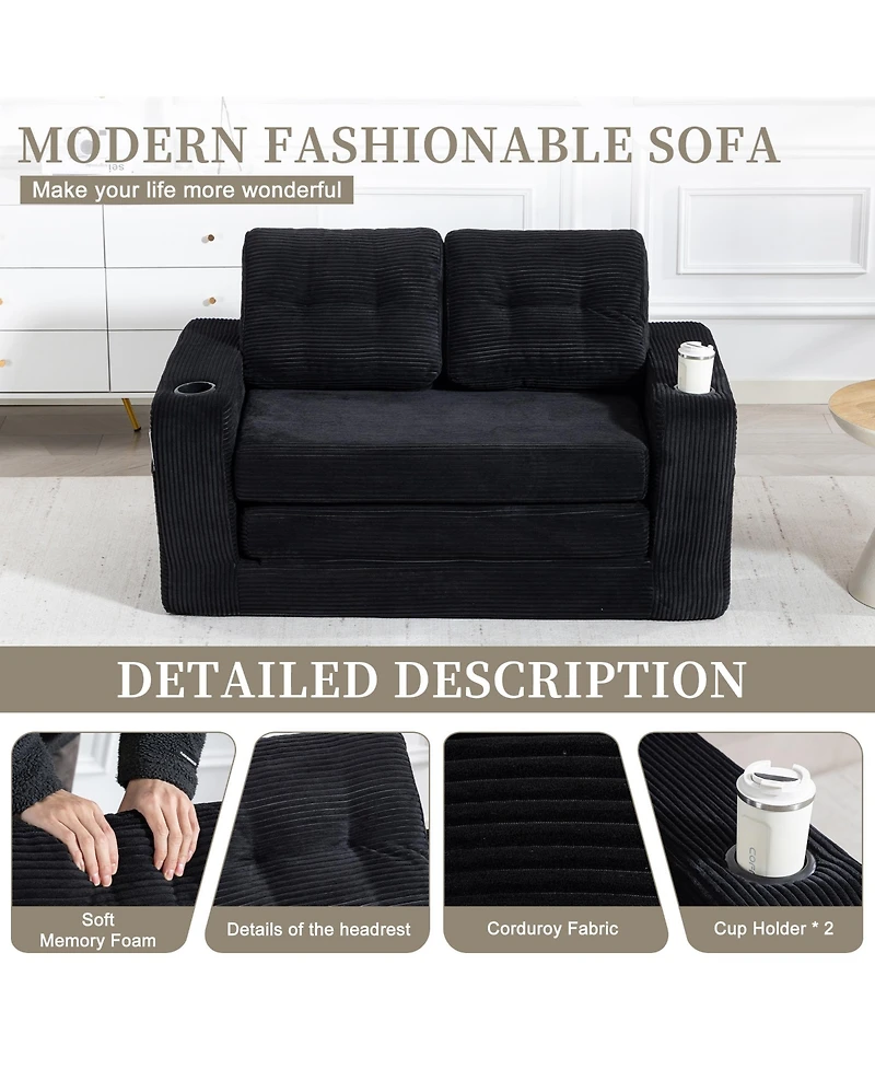 Rainsken Convertible Sofa Bed, Foldable Loveseat Couch with Cup Holders and Pillows, Corduroy Fabric Futon for Living Room and Small Spaces