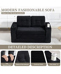 Rainsken Convertible Sofa Bed, Foldable Loveseat Couch with Cup Holders and Pillows, Corduroy Fabric Futon for Living Room and Small Spaces