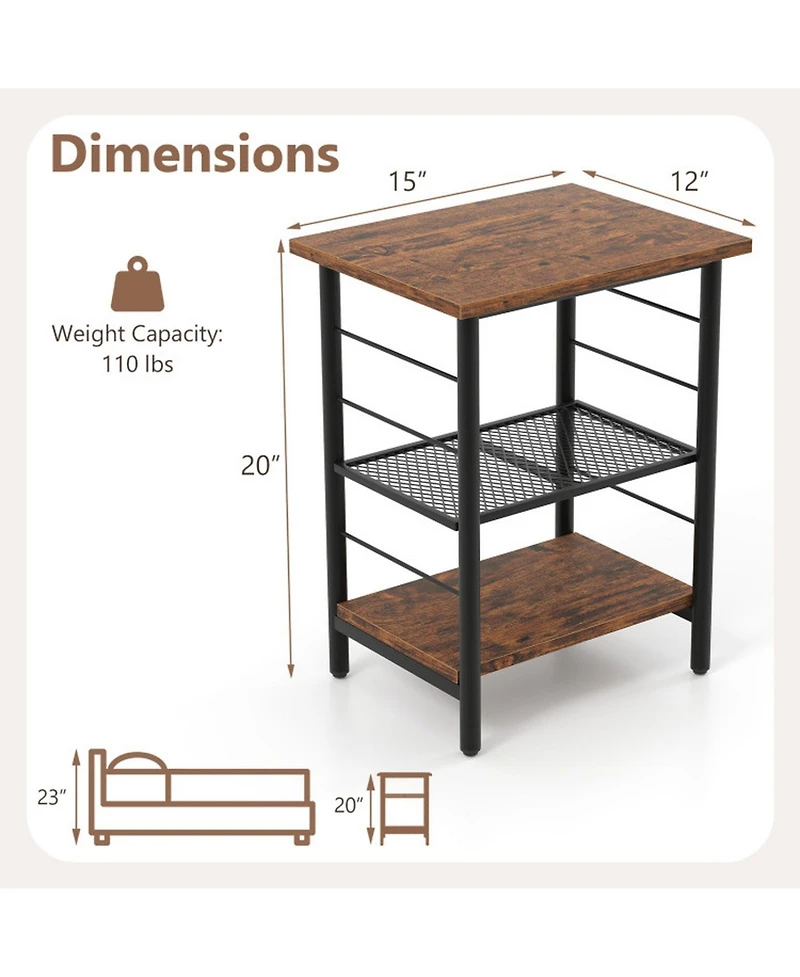 Gouun Set of 2 Industrial 3-Tier End Tables with Adjustable Mesh Shelves
