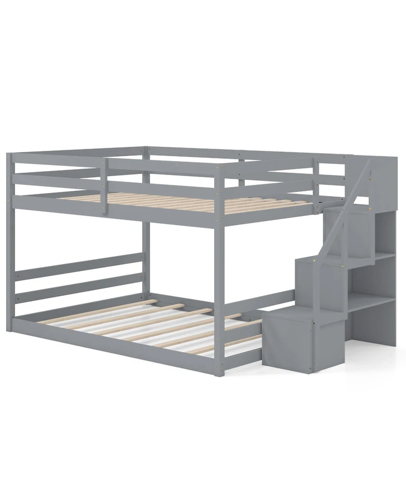 Gouun Solid Wood Full Over Full Low Bunk Bed with Storage Stairs