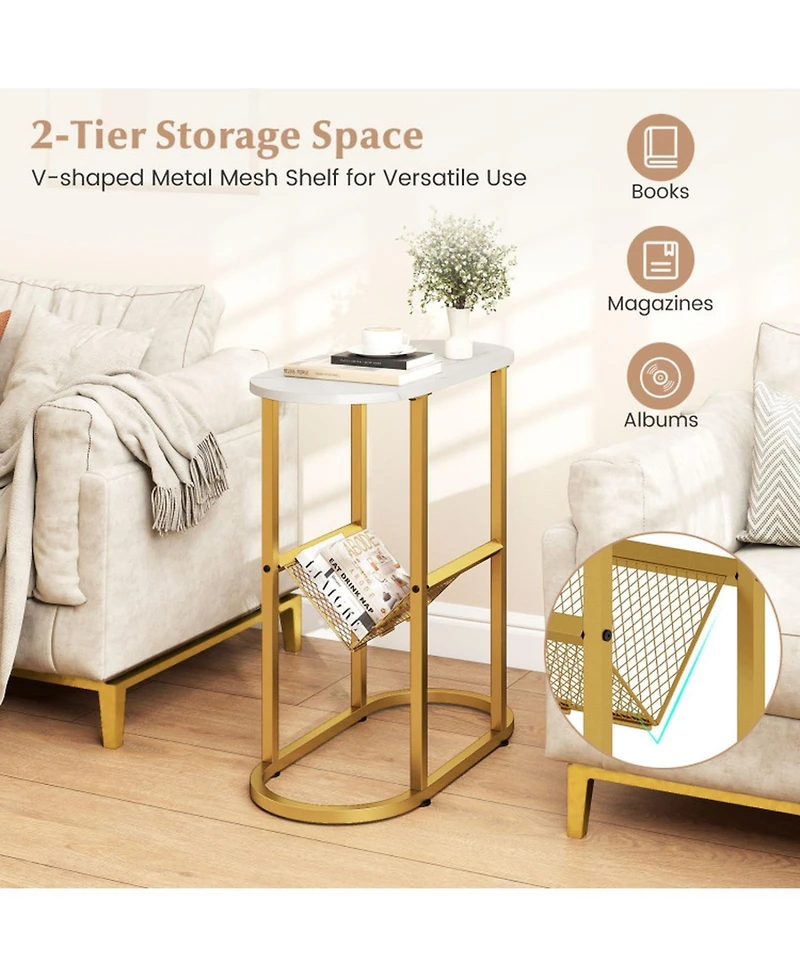 Gouun 23 in Industrial 2-Tier Oval Side Table with Mesh Storage Shelf
