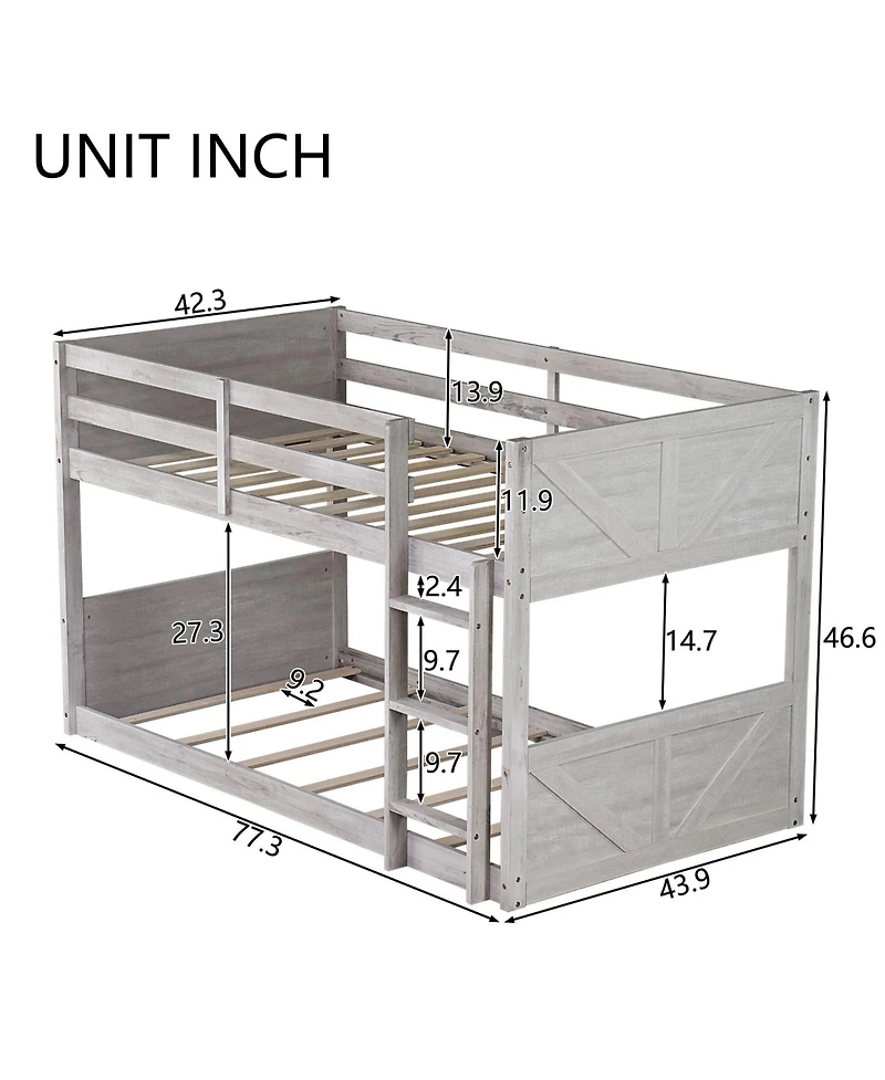 Clihome Twin over Twin Floor Bunk Bed with Panelled Headboard and Footboard