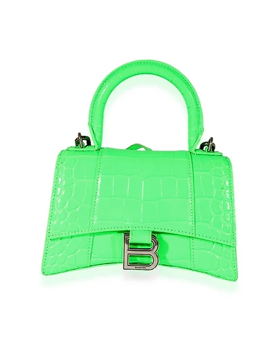 Pre-Owned Balenciaga Fluo Green Shiny Calfskin Crocodile Embossed Xs Hourglass Top Handle