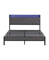 sumyeg Full Size Upholstered Bed Frame with Storage Headboard, Led Lights and Charging Station, Platform Bed