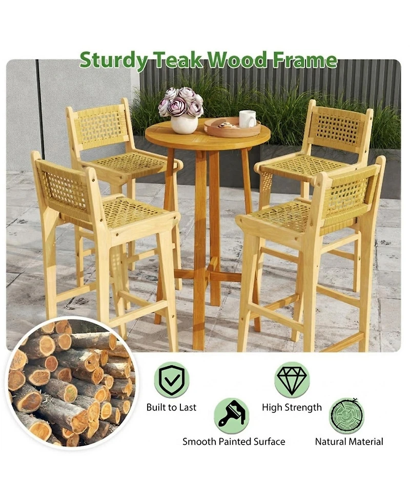 Gouun Teak Wood Patio Bar Stool with Woven Rattan Backrest and Seat