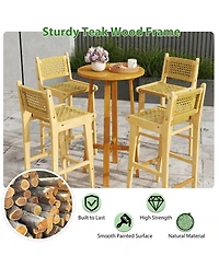 Gouun Teak Wood Patio Bar Stool with Woven Rattan Backrest and Seat
