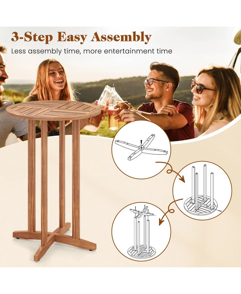 Gouun 39 in Acacia Wood Round Outdoor Bar Table with Slatted Top