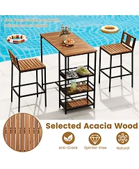 Gouun 3-Piece Acacia Wood Outdoor Bar Set with 3-Tier Storage Shelf and Metal Frame