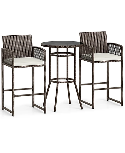 Gouun 3-Piece Wicker Outdoor Bar Set with Round Tempered Glass Table and Armchairs