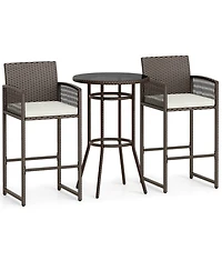 Gouun 3-Piece Wicker Outdoor Bar Set with Round Tempered Glass Table and Armchairs