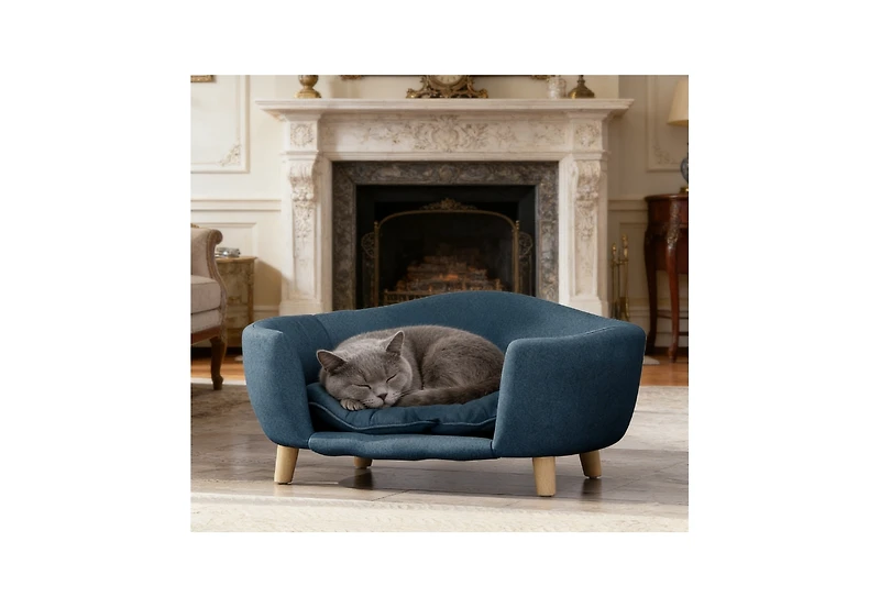 Zeus and Ruta Elevated Cat Bed Frame for Kittens/Cats with Corduroy Cat Couch, Rubber Wood Legs