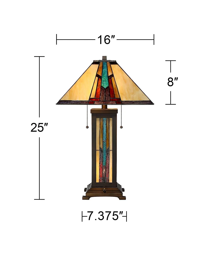 Robert Louis Tiffany Mission Style Table Lamp with Table Top Dimmer and Night Light 25" High Bronze Stained Glass for Living Room Bedroom