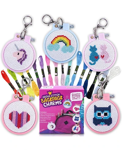 Gnuadz 5 kits Cross Stitch Backpack Charms Keychains Embroidery Kit Beginners Kids Needlepoint Craft