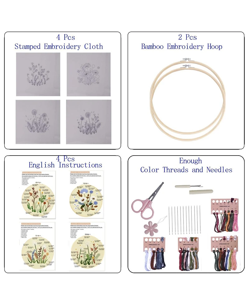 Gnuadz 4 Sets Embroidery Kit Beginner Art Craft Sewing Pattern Hoop Manual Flower