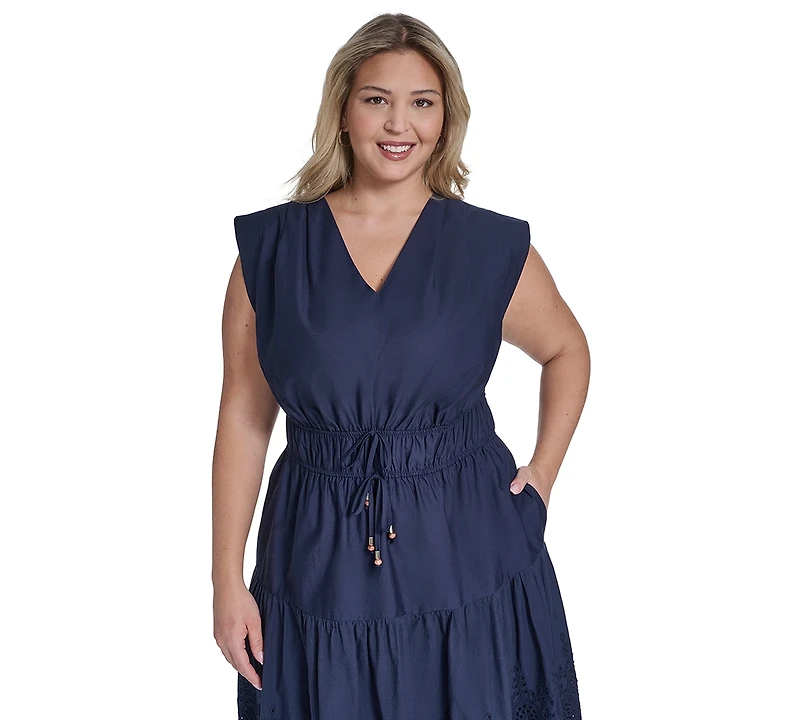 Eliza J Plus Embroidered V-Neck Midi Dress