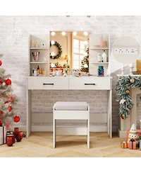 Sugift Vanity Set with Lighted Mirror Stool and Power Outlet