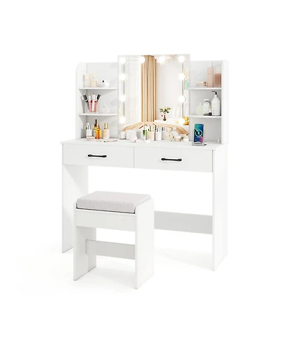 Sugift Vanity Set with Lighted Mirror Stool and Power Outlet