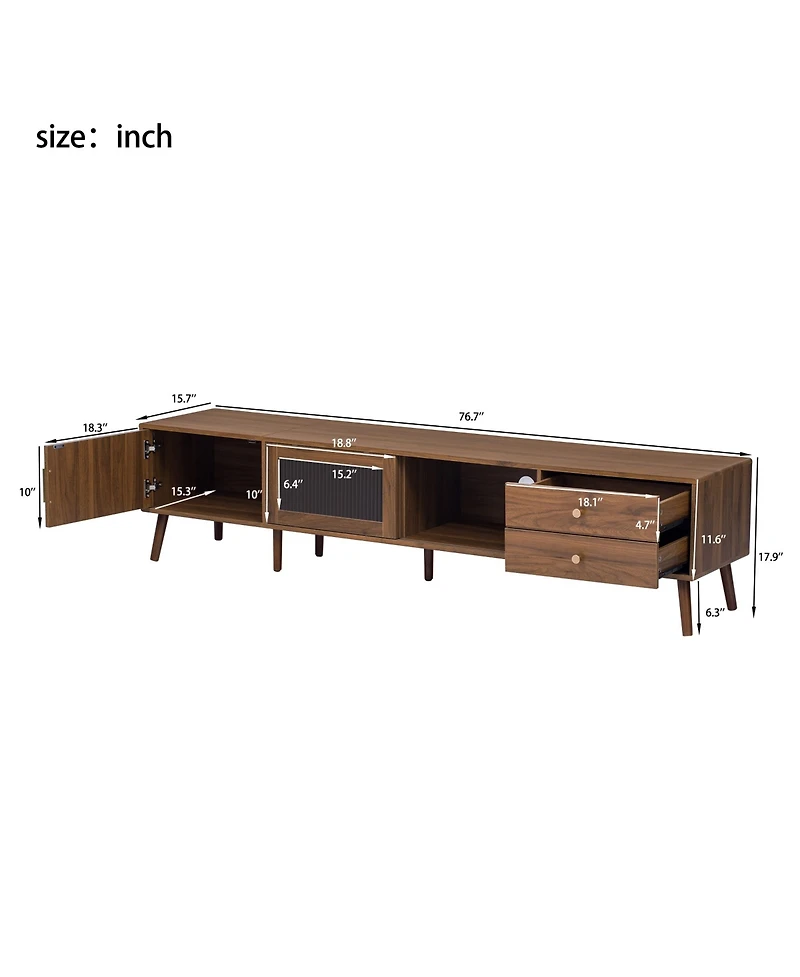 Rainsken Tv Stand , Wood-Grain Entertainment Center with Fluted Cabinet Door, Sliding Glass Doors, and 2 Drawers for Living Room