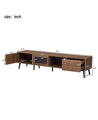 Rainsken Tv Stand , Wood-Grain Entertainment Center with Fluted Cabinet Door, Sliding Glass Doors, and 2 Drawers for Living Room