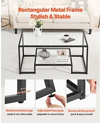 Sugift Coffee Table, Tempered Glass Center Table, 2-Tier with Open Storage for Living Room