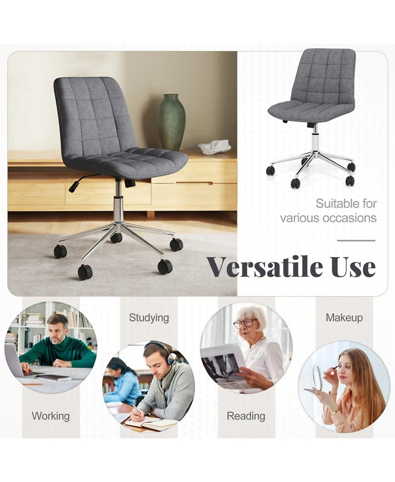 Gouun Armless Upholstered Rolling Vanity Chair with Adjustable Height