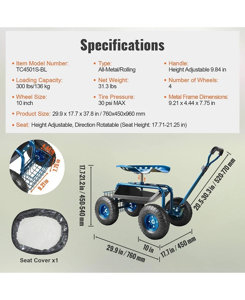 Sugift Rolling Garden Workseat with 360-Degree Swivel Seat and Adjustable Handle for Yard Use