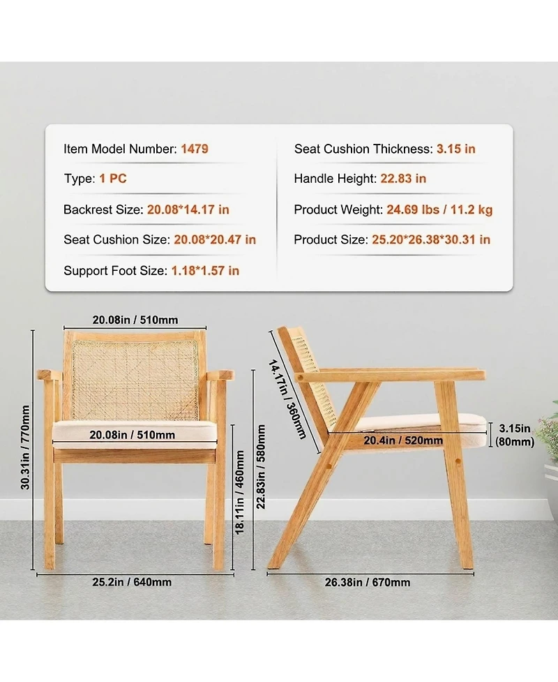 Sugift Mid Century Modern Rattan Chair, Velvet Upholstered Accent Chair for Living Room