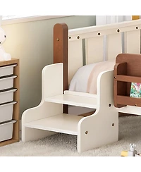 Rainsken Kids Floor Bed Frame with Storage Bookcases and Stairs, Twin Size Solid Wood Low Profile Bed with Guardrails for Boys Girls