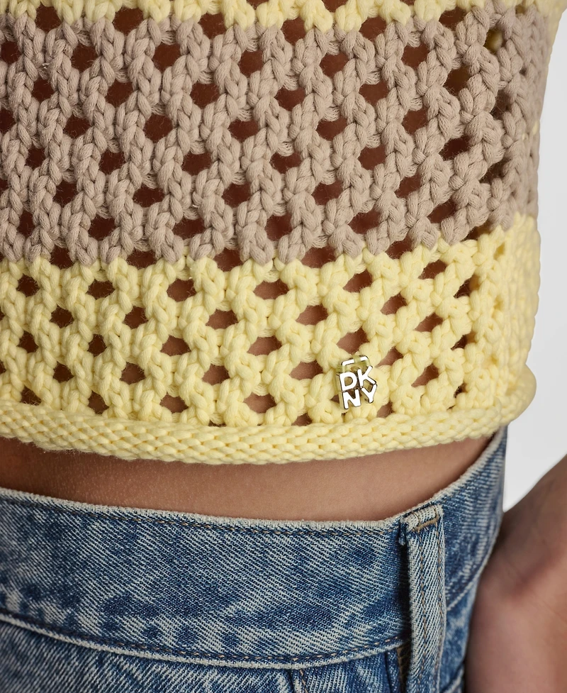 Dkny Jeans Women's Stripe Pointelle Cropped Pull-On Sweater