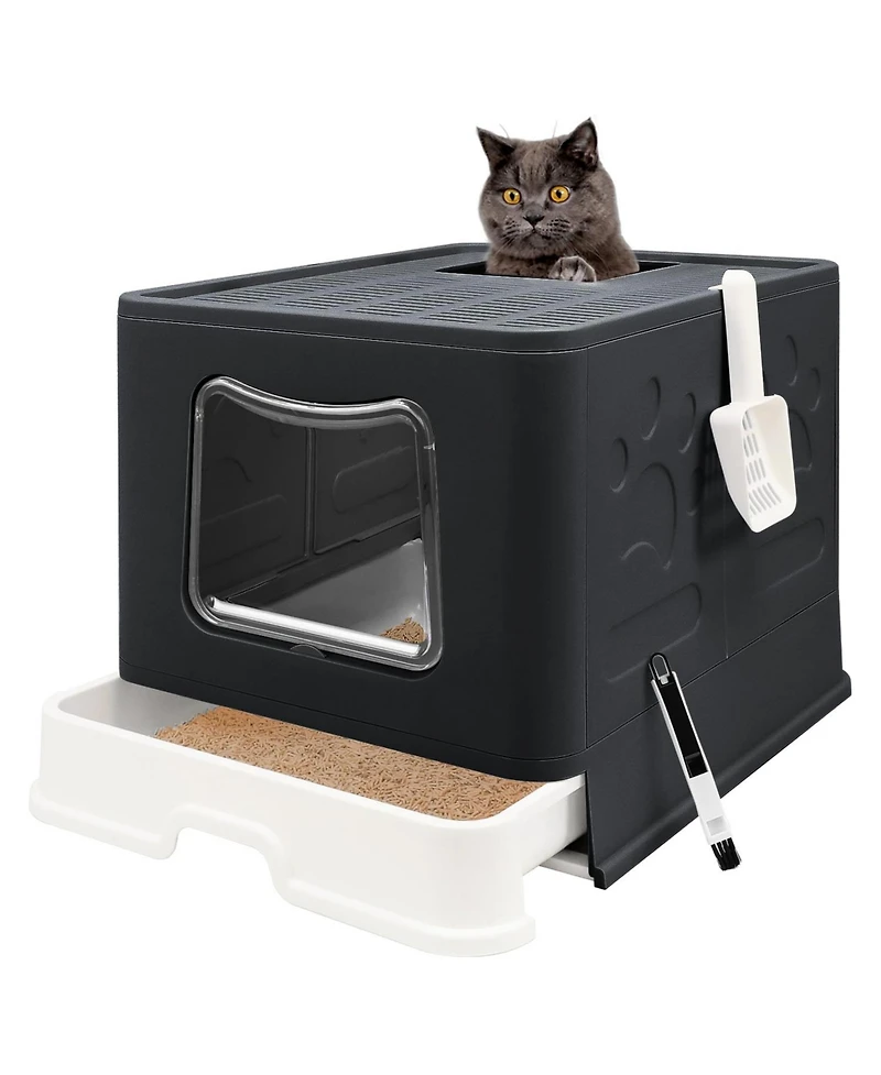 Aronkl Foldable Cat Litter Box Enclosed Top Entry Anti-splashing Large Private Space Easy Clean With Scoop 2-in-1 Brush