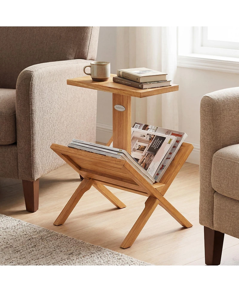 Slickblue Teak Wood 2-Tier Side Table with Built-In Magazine Rack